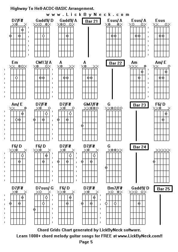 Chord Grids Chart of chord melody fingerstyle guitar song-Highway To Hell-ACDC-BASIC Arrangement,generated by LickByNeck software.